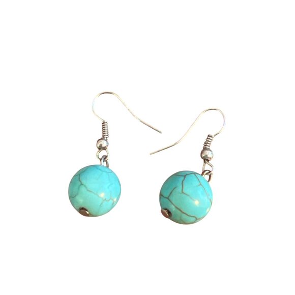 Turquoise Round Bead Dangle Earrings Silver Tone Hooks Lightweight 1.25" Estate - Picture 4 of 6